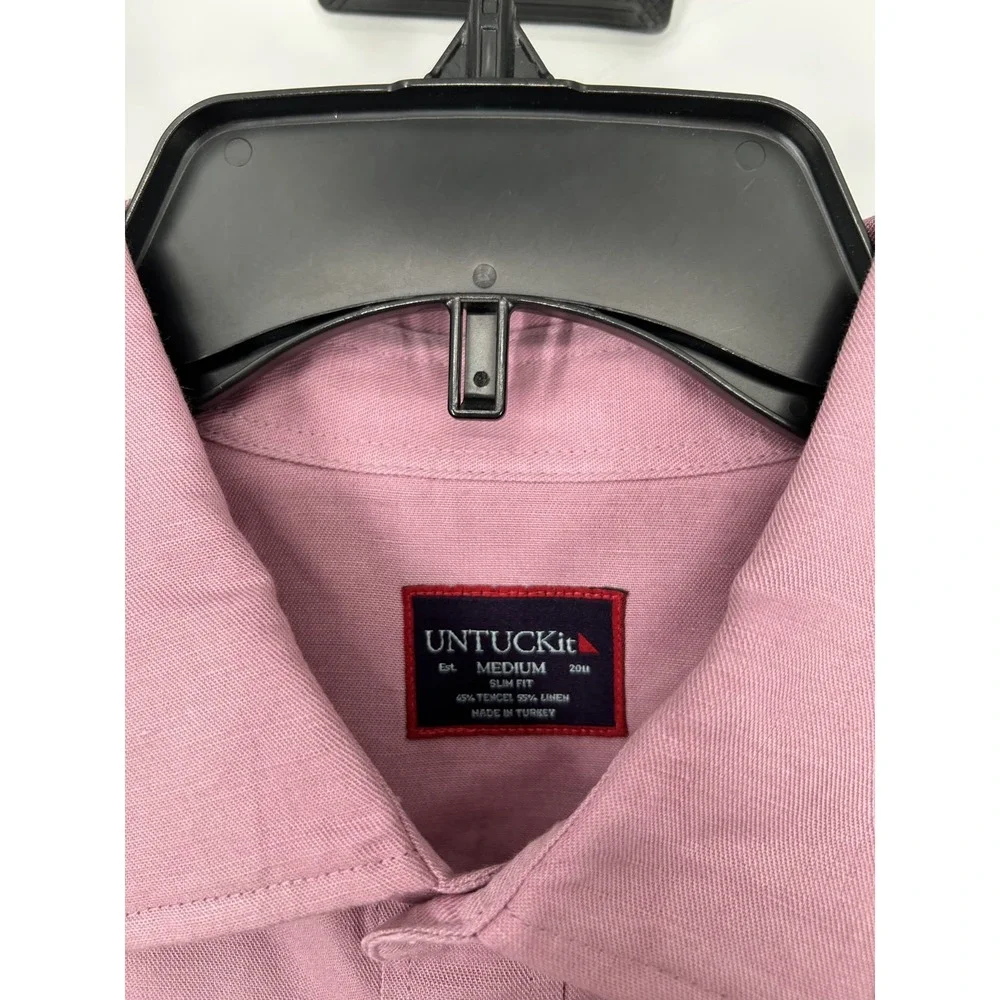 Untuckit Shirt Mens Medium Solid Pink Long Sleeve Slim Fit Linen Blend Button Up